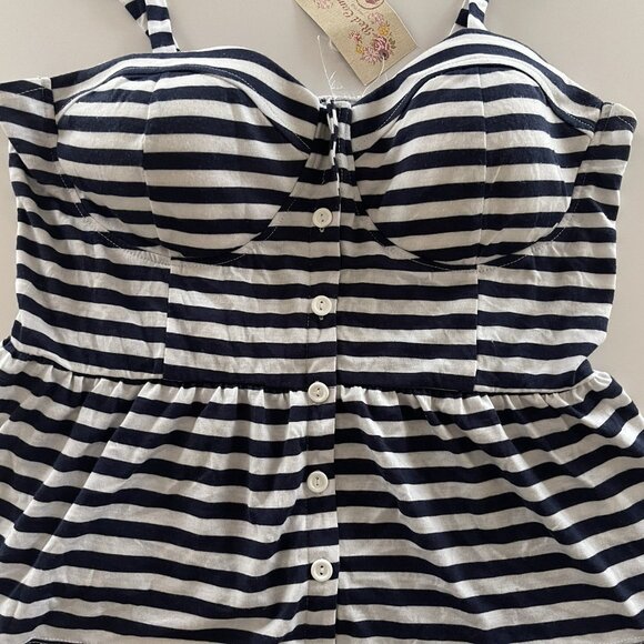 Red Camel Tank Top Large Spaghetti Straps Shirred Striped Navy White Baby Doll - Picture 3 of 12